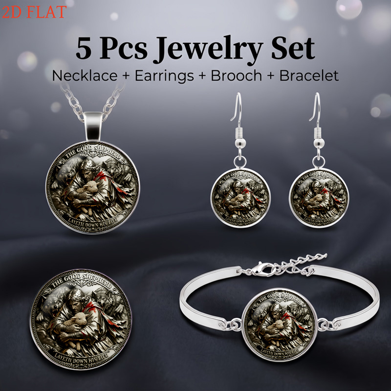 5pc Good Shepherd Theme Women's Jewelry Set, Necklace, Earrings, Brooch, Bracelet